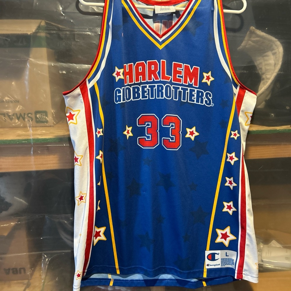 Champion Harlem Globetrotters Blue Jersey with Red, Yellow, and White Stars